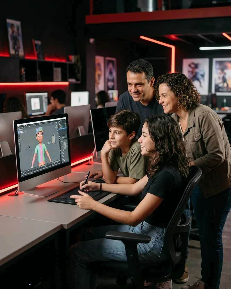Pai, mãe, filha e filho sorrindo em frente a um computador com um personagem 3D na tela